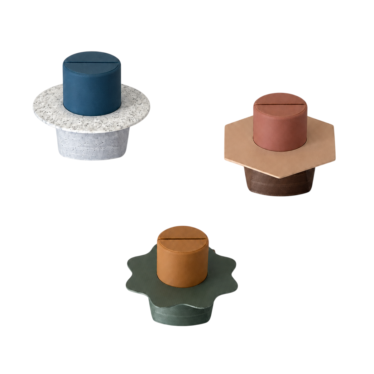 Drie ModuForm ModuMemories houders in verschillende kleuren en vormen, gemaakt van duurzaam biobased PLA materiaal.