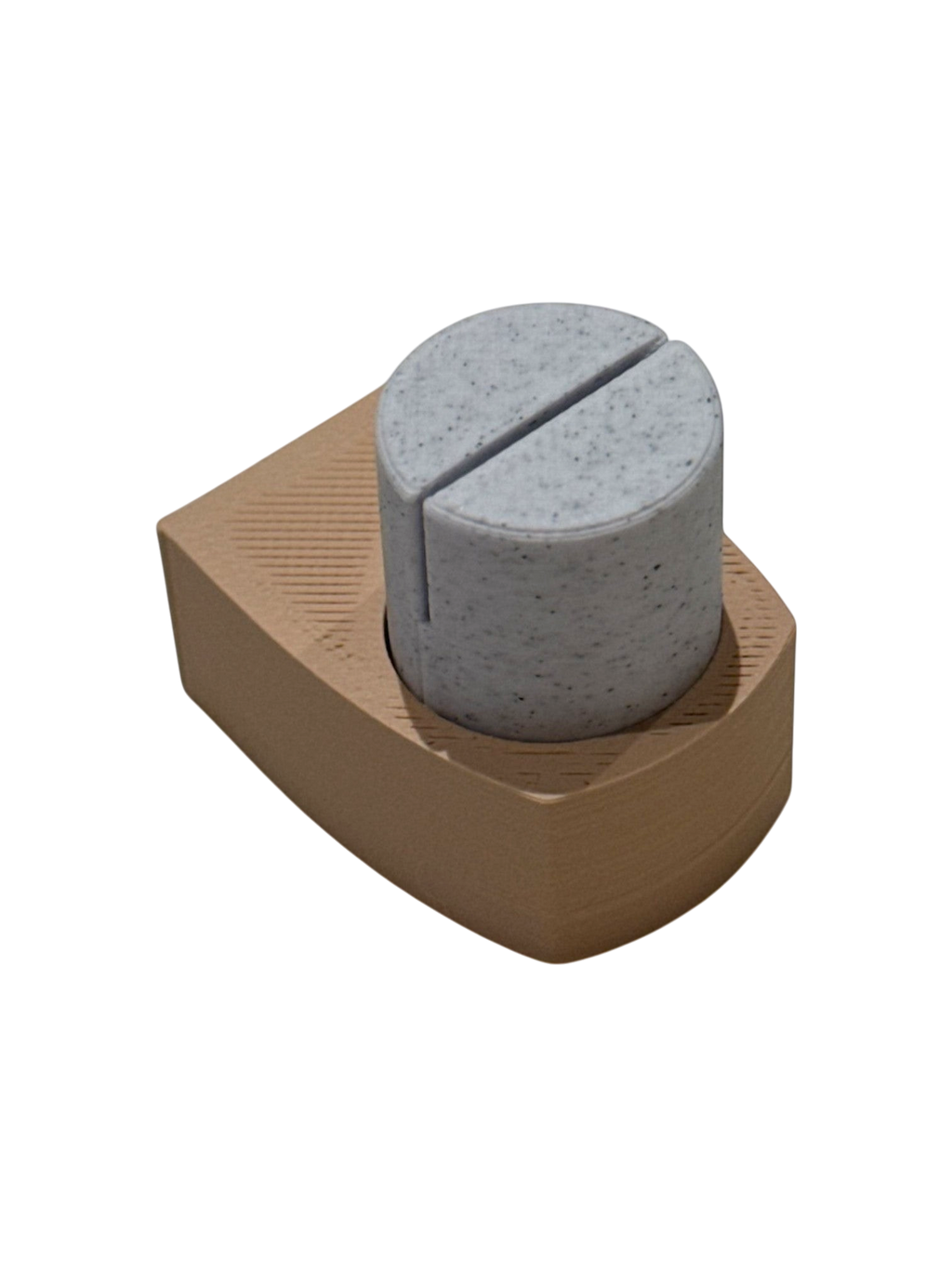 ModuForm ModuMemories Holder staand met bruine basis en grijze gespikkelde kaarthouder van duurzaam PLA materiaal